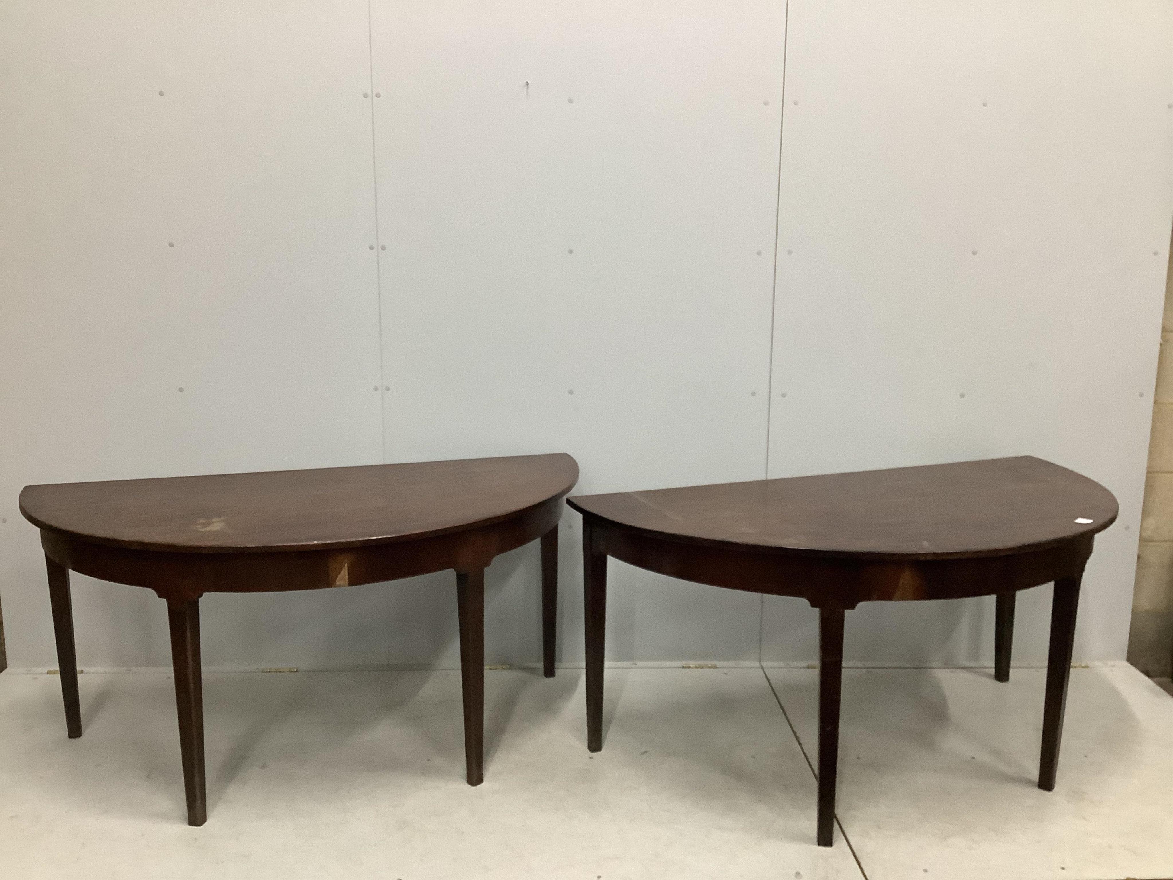 A pair of George III mahogany 'D' end table sections, each width 152cm, depth 76cm. height 71cm. Condition - poor